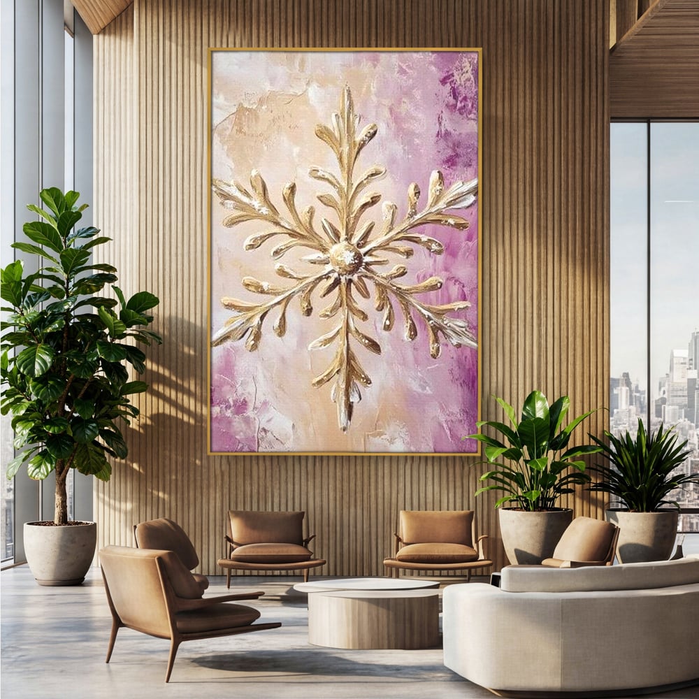 Leinwandbilder Premium, LuxCanva® D1065, Wintersymbol, Flocke, Schnee, Golden, Weihnachten, Festlich, Eleganz, Glitzer, Luxus, Flieder, Schön, Eis, Himmel, Dekoration, Symbol, Kinderzimmer, Wohnzimmer, Schlafzimmer