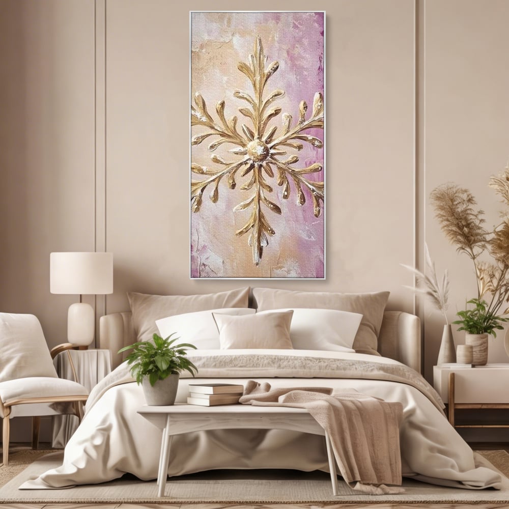 Leinwandbilder Premium, LuxCanva® D1065, Wintersymbol, Flocke, Schnee, Golden, Weihnachten, Festlich, Eleganz, Glitzer, Luxus, Flieder, Schön, Eis, Himmel, Dekoration, Symbol, Kinderzimmer, Wohnzimmer, Schlafzimmer