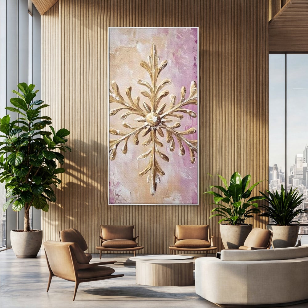 Leinwandbilder Premium, LuxCanva® D1065, Wintersymbol, Flocke, Schnee, Golden, Weihnachten, Festlich, Eleganz, Glitzer, Luxus, Flieder, Schön, Eis, Himmel, Dekoration, Symbol, Kinderzimmer, Wohnzimmer, Schlafzimmer