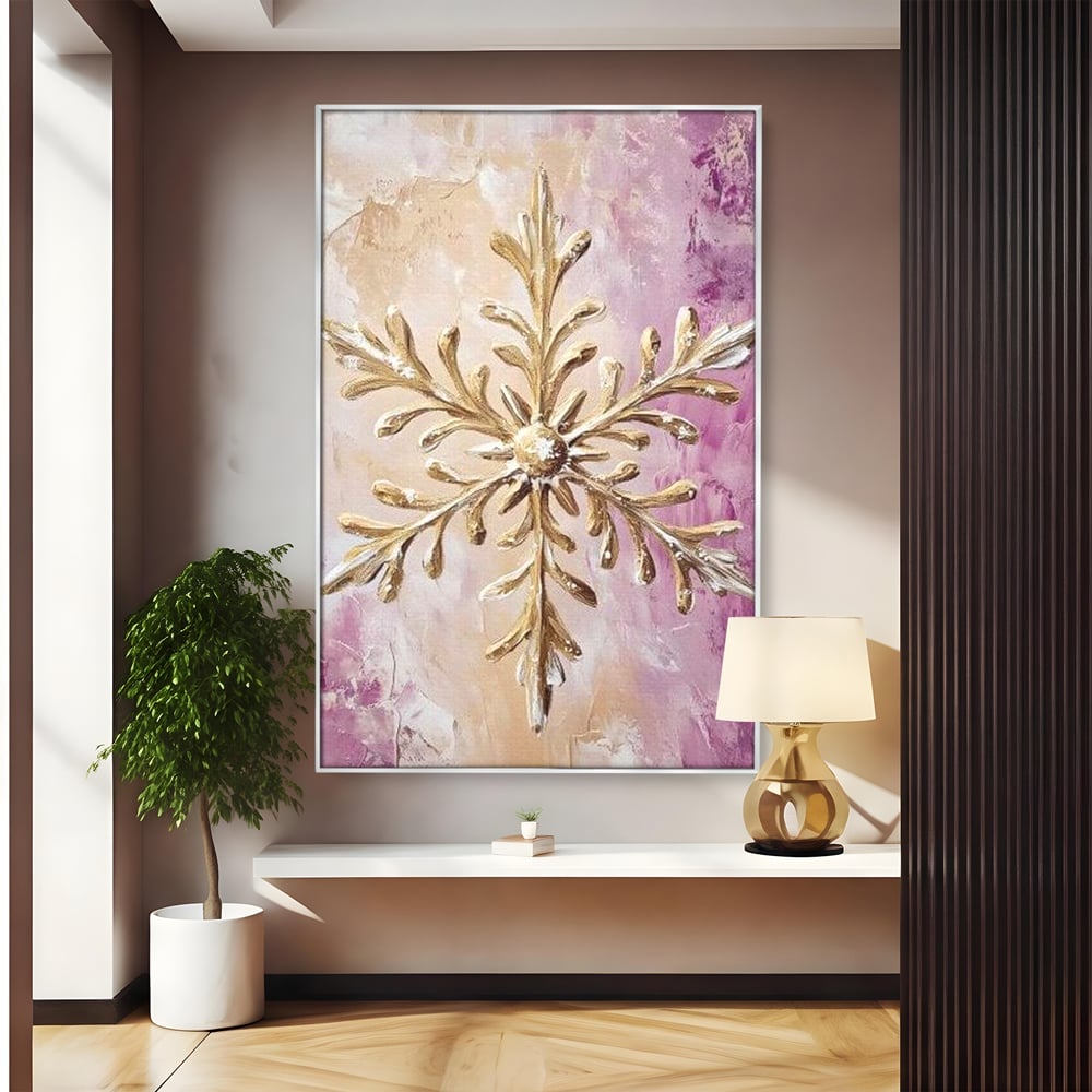 Leinwandbilder Premium, LuxCanva® D1065, Wintersymbol, Flocke, Schnee, Golden, Weihnachten, Festlich, Eleganz, Glitzer, Luxus, Flieder, Schön, Eis, Himmel, Dekoration, Symbol, Kinderzimmer, Wohnzimmer, Schlafzimmer