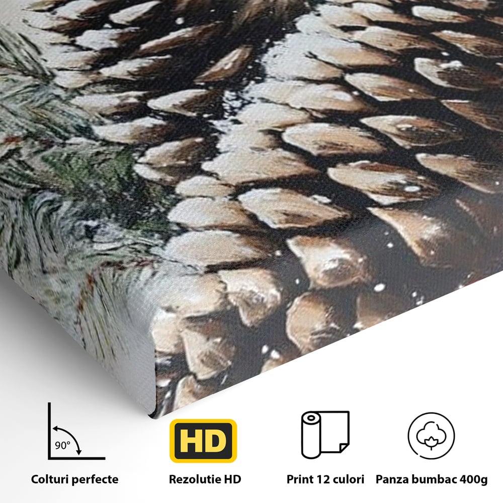 Tablou Canvas Premium, LuxCanva® D1066, Culorile Craciunului, Con, Brad, Bobite, Rosu, Verde, Zapada, Lemn, Crengute, Natura, Rustic, Padure, Craciun, Gheata, Bucurie, Camera Copil, Living, Dormitor