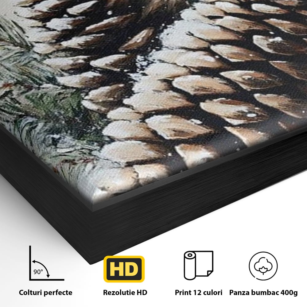 Tablou Canvas Premium, LuxCanva® D1066, Culorile Craciunului, Con, Brad, Bobite, Rosu, Verde, Zapada, Lemn, Crengute, Natura, Rustic, Padure, Craciun, Gheata, Bucurie, Camera Copil, Living, Dormitor