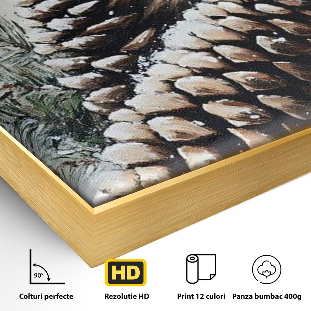 Tablou Canvas Premium, LuxCanva® D1066, Culorile Craciunului, Con, Brad, Bobite, Rosu, Verde, Zapada, Lemn, Crengute, Natura, Rustic, Padure, Craciun, Gheata, Bucurie, Camera Copil, Living, Dormitor
