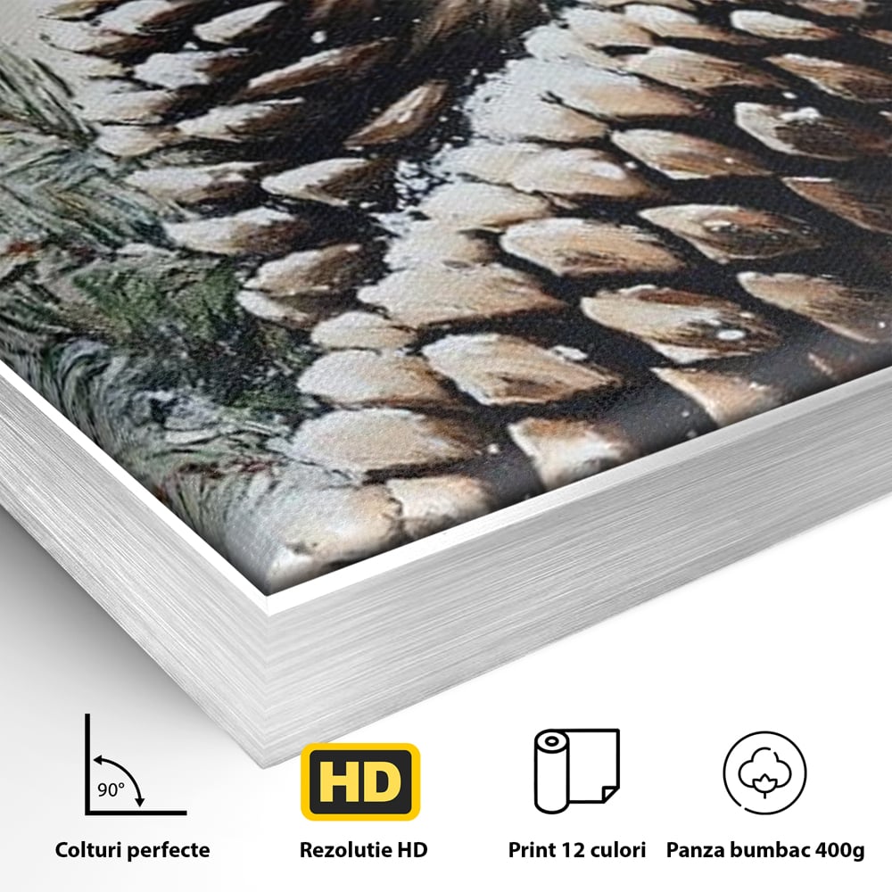 Tablou Canvas Premium, LuxCanva® D1066, Culorile Craciunului, Con, Brad, Bobite, Rosu, Verde, Zapada, Lemn, Crengute, Natura, Rustic, Padure, Craciun, Gheata, Bucurie, Camera Copil, Living, Dormitor