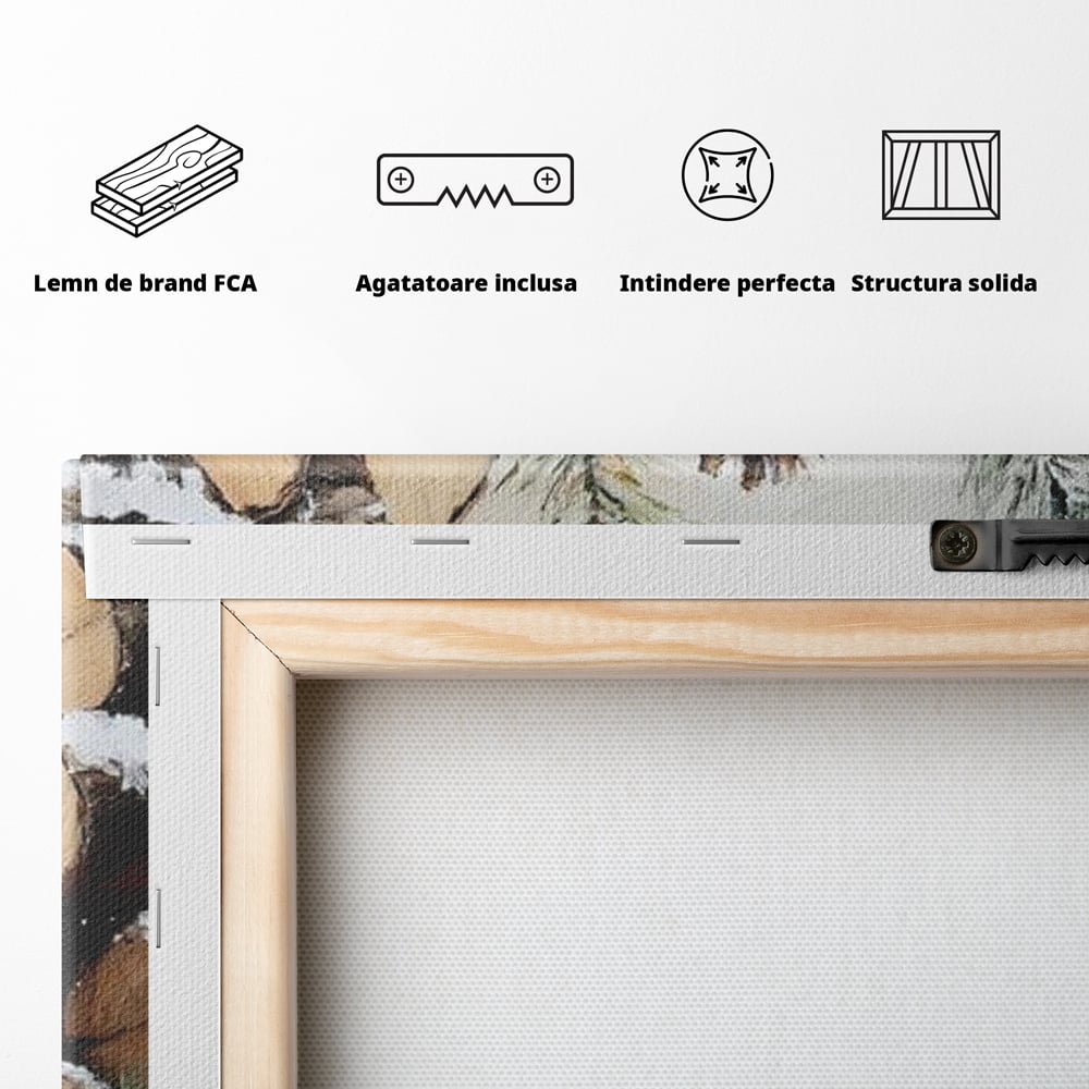 Tablou Canvas Premium, LuxCanva® D1066, Culorile Craciunului, Con, Brad, Bobite, Rosu, Verde, Zapada, Lemn, Crengute, Natura, Rustic, Padure, Craciun, Gheata, Bucurie, Camera Copil, Living, Dormitor