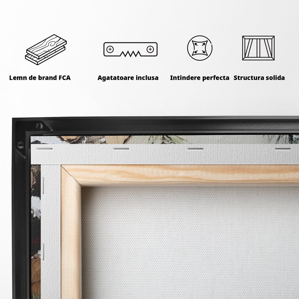 Tablou Canvas Premium, LuxCanva® D1066, Culorile Craciunului, Con, Brad, Bobite, Rosu, Verde, Zapada, Lemn, Crengute, Natura, Rustic, Padure, Craciun, Gheata, Bucurie, Camera Copil, Living, Dormitor