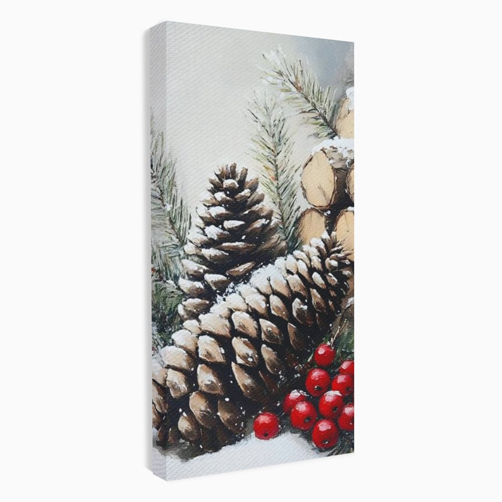 Tablou Canvas Premium, LuxCanva® D1066, Culorile Craciunului, Con, Brad, Bobite, Rosu, Verde, Zapada, Lemn, Crengute, Natura, Rustic, Padure, Craciun, Gheata, Bucurie, Camera Copil, Living, Dormitor