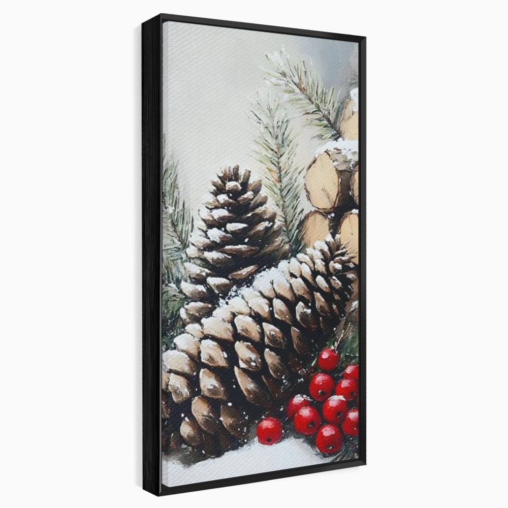 Tablou Canvas Premium, LuxCanva® D1066, Culorile Craciunului, Con, Brad, Bobite, Rosu, Verde, Zapada, Lemn, Crengute, Natura, Rustic, Padure, Craciun, Gheata, Bucurie, Camera Copil, Living, Dormitor