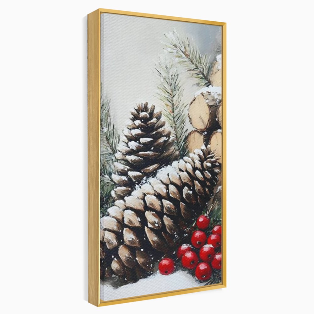 Tablou Canvas Premium, LuxCanva® D1066, Culorile Craciunului, Con, Brad, Bobite, Rosu, Verde, Zapada, Lemn, Crengute, Natura, Rustic, Padure, Craciun, Gheata, Bucurie, Camera Copil, Living, Dormitor