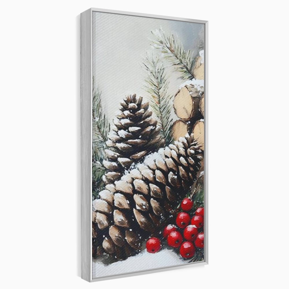 Tablou Canvas Premium, LuxCanva® D1066, Culorile Craciunului, Con, Brad, Bobite, Rosu, Verde, Zapada, Lemn, Crengute, Natura, Rustic, Padure, Craciun, Gheata, Bucurie, Camera Copil, Living, Dormitor