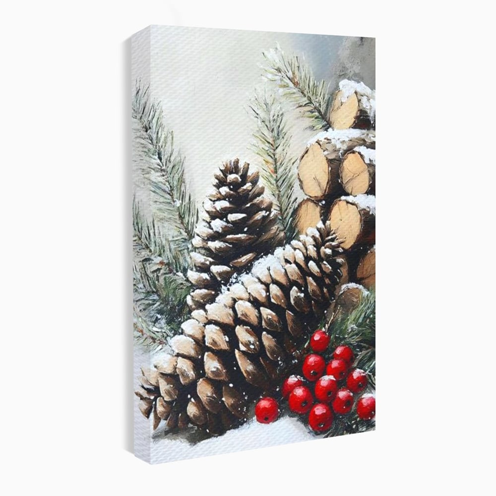 Tablou Canvas Premium, LuxCanva® D1066, Culorile Craciunului, Con, Brad, Bobite, Rosu, Verde, Zapada, Lemn, Crengute, Natura, Rustic, Padure, Craciun, Gheata, Bucurie, Camera Copil, Living, Dormitor
