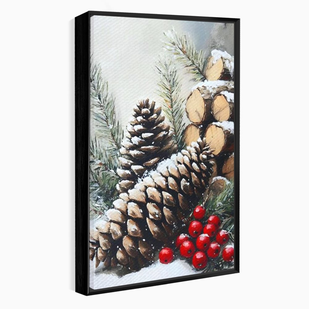 Tablou Canvas Premium, LuxCanva® D1066, Culorile Craciunului, Con, Brad, Bobite, Rosu, Verde, Zapada, Lemn, Crengute, Natura, Rustic, Padure, Craciun, Gheata, Bucurie, Camera Copil, Living, Dormitor