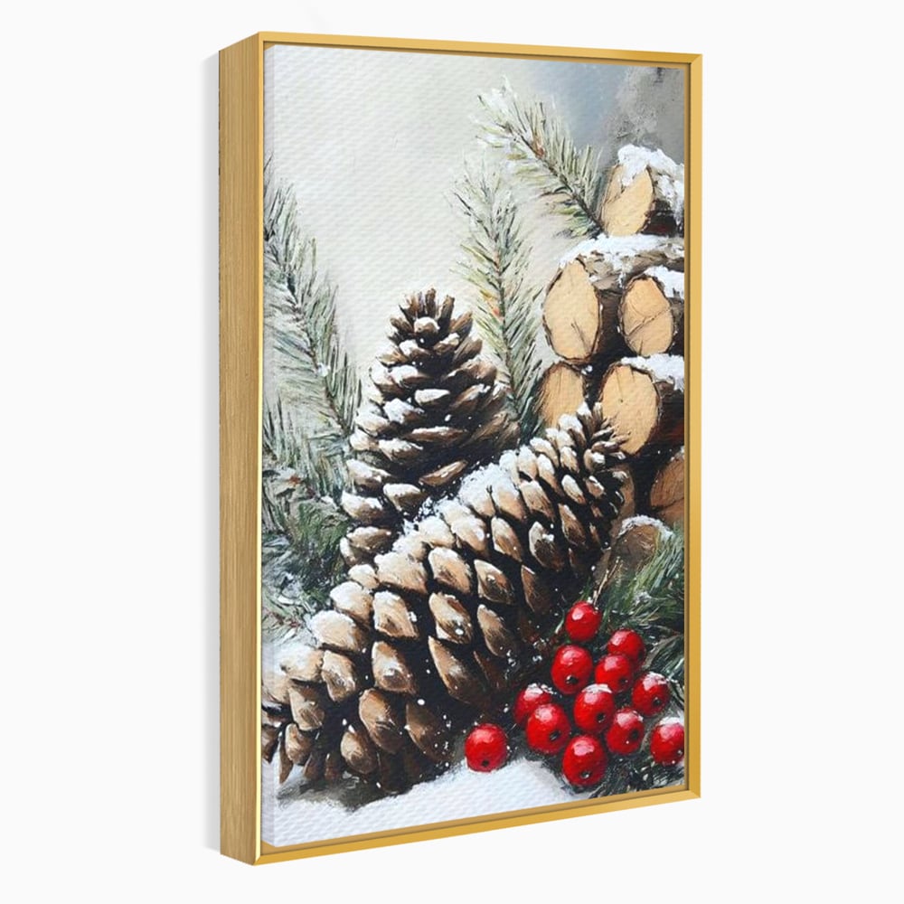 Tablou Canvas Premium, LuxCanva® D1066, Culorile Craciunului, Con, Brad, Bobite, Rosu, Verde, Zapada, Lemn, Crengute, Natura, Rustic, Padure, Craciun, Gheata, Bucurie, Camera Copil, Living, Dormitor