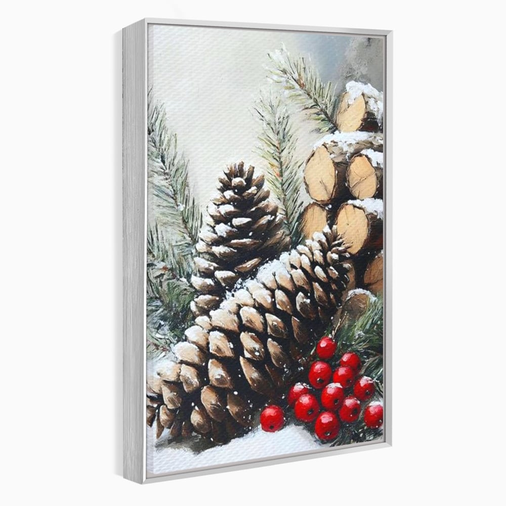 Tablou Canvas Premium, LuxCanva® D1066, Culorile Craciunului, Con, Brad, Bobite, Rosu, Verde, Zapada, Lemn, Crengute, Natura, Rustic, Padure, Craciun, Gheata, Bucurie, Camera Copil, Living, Dormitor