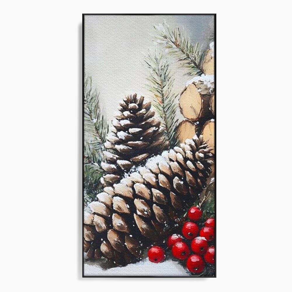 Tablou Canvas Premium, LuxCanva® D1066, Culorile Craciunului, Con, Brad, Bobite, Rosu, Verde, Zapada, Lemn, Crengute, Natura, Rustic, Padure, Craciun, Gheata, Bucurie, Camera Copil, Living, Dormitor