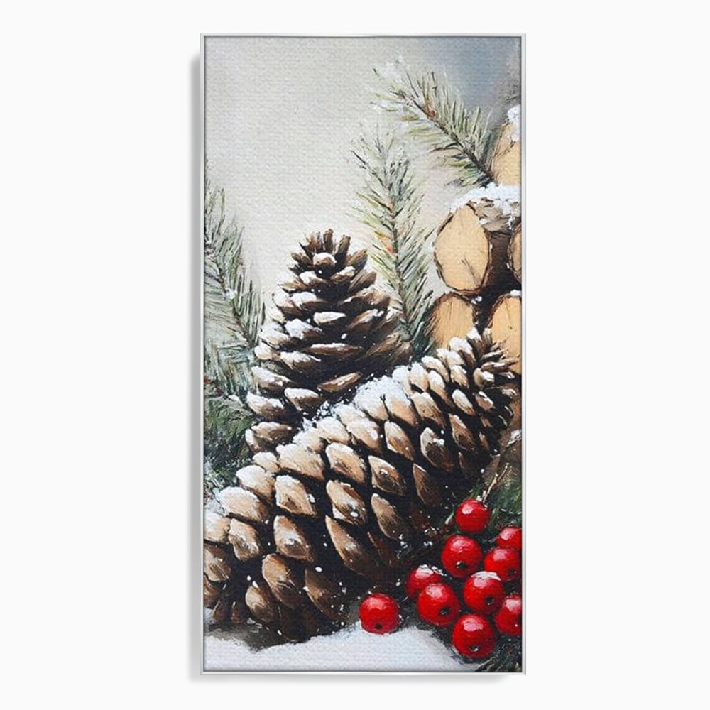 Tablou Canvas Premium, LuxCanva® D1066, Culorile Craciunului, Con, Brad, Bobite, Rosu, Verde, Zapada, Lemn, Crengute, Natura, Rustic, Padure, Craciun, Gheata, Bucurie, Camera Copil, Living, Dormitor