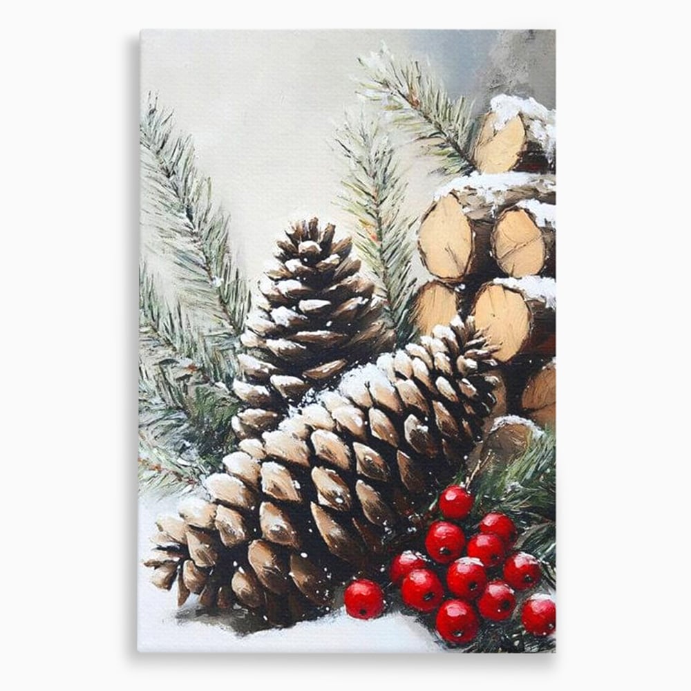 Tablou Canvas Premium, LuxCanva® D1066, Culorile Craciunului, Con, Brad, Bobite, Rosu, Verde, Zapada, Lemn, Crengute, Natura, Rustic, Padure, Craciun, Gheata, Bucurie, Camera Copil, Living, Dormitor
