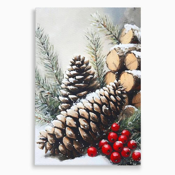 Tablou Canvas Premium, LuxCanva® D1066, Culorile Craciunului, Con, Brad, Bobite, Rosu, Verde, Zapada, Lemn, Crengute, Natura, Rustic, Padure, Craciun, Gheata, Bucurie, Camera Copil, Living, Dormitor