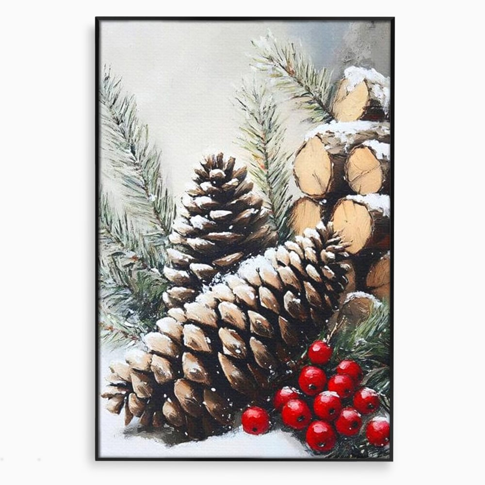 Tablou Canvas Premium, LuxCanva® D1066, Culorile Craciunului, Con, Brad, Bobite, Rosu, Verde, Zapada, Lemn, Crengute, Natura, Rustic, Padure, Craciun, Gheata, Bucurie, Camera Copil, Living, Dormitor