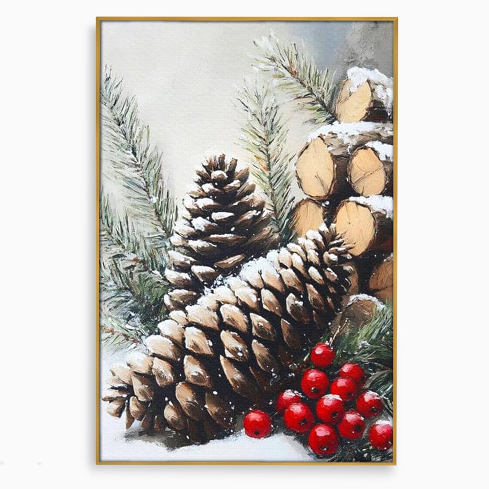 Tablou Canvas Premium, LuxCanva® D1066, Culorile Craciunului, Con, Brad, Bobite, Rosu, Verde, Zapada, Lemn, Crengute, Natura, Rustic, Padure, Craciun, Gheata, Bucurie, Camera Copil, Living, Dormitor