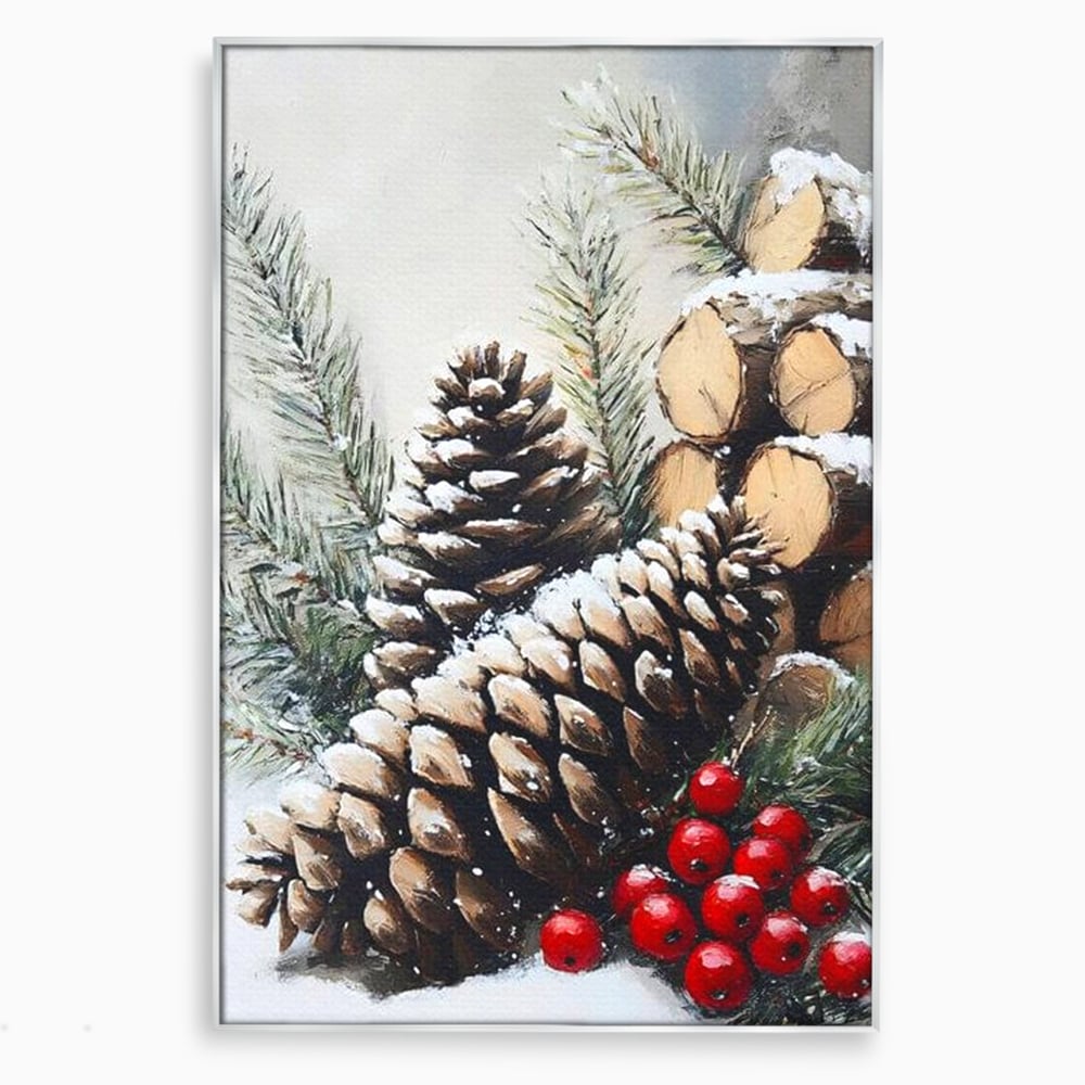 Tablou Canvas Premium, LuxCanva® D1066, Culorile Craciunului, Con, Brad, Bobite, Rosu, Verde, Zapada, Lemn, Crengute, Natura, Rustic, Padure, Craciun, Gheata, Bucurie, Camera Copil, Living, Dormitor