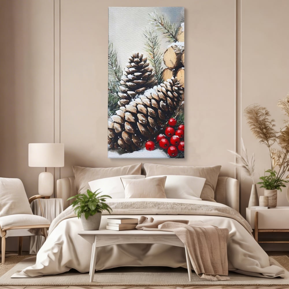 Tablou Canvas Premium, LuxCanva® D1066, Culorile Craciunului, Con, Brad, Bobite, Rosu, Verde, Zapada, Lemn, Crengute, Natura, Rustic, Padure, Craciun, Gheata, Bucurie, Camera Copil, Living, Dormitor