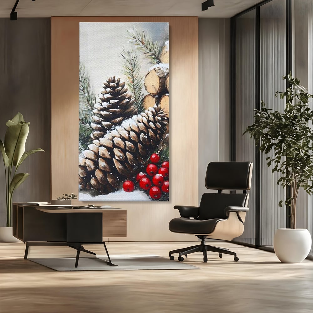 Tablou Canvas Premium, LuxCanva® D1066, Culorile Craciunului, Con, Brad, Bobite, Rosu, Verde, Zapada, Lemn, Crengute, Natura, Rustic, Padure, Craciun, Gheata, Bucurie, Camera Copil, Living, Dormitor