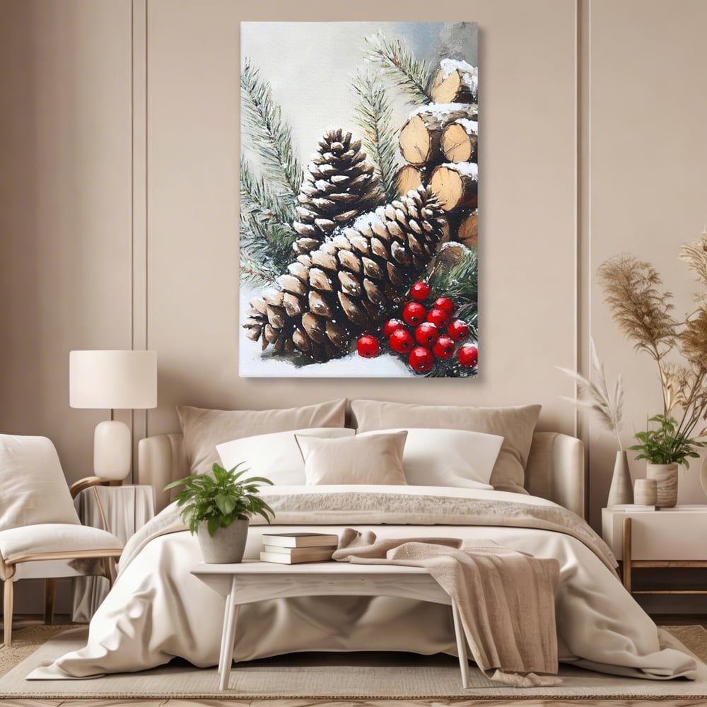 Tablou Canvas Premium, LuxCanva® D1066, Culorile Craciunului, Con, Brad, Bobite, Rosu, Verde, Zapada, Lemn, Crengute, Natura, Rustic, Padure, Craciun, Gheata, Bucurie, Camera Copil, Living, Dormitor