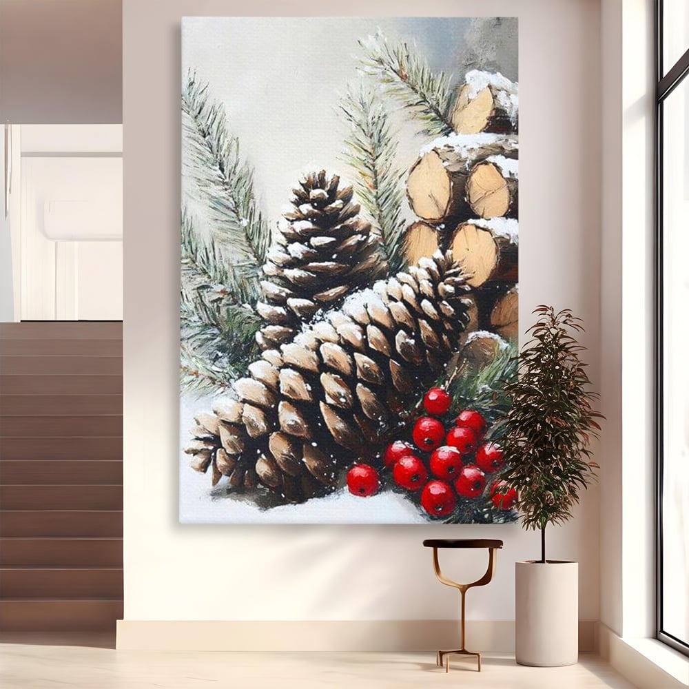 Tablou Canvas Premium, LuxCanva® D1066, Culorile Craciunului, Con, Brad, Bobite, Rosu, Verde, Zapada, Lemn, Crengute, Natura, Rustic, Padure, Craciun, Gheata, Bucurie, Camera Copil, Living, Dormitor