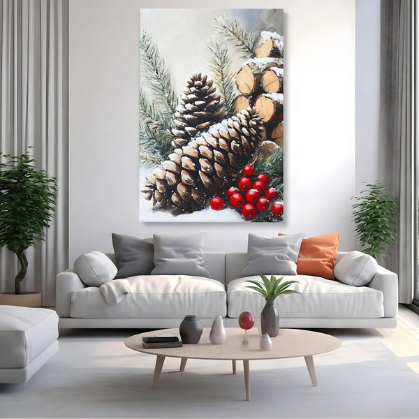 Tablou Canvas Premium, LuxCanva® D1066, Culorile Craciunului, Con, Brad, Bobite, Rosu, Verde, Zapada, Lemn, Crengute, Natura, Rustic, Padure, Craciun, Gheata, Bucurie, Camera Copil, Living, Dormitor