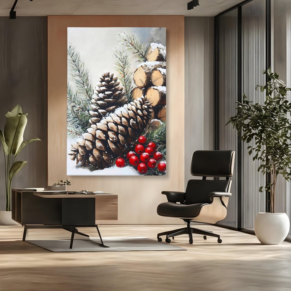 Tablou Canvas Premium, LuxCanva® D1066, Culorile Craciunului, Con, Brad, Bobite, Rosu, Verde, Zapada, Lemn, Crengute, Natura, Rustic, Padure, Craciun, Gheata, Bucurie, Camera Copil, Living, Dormitor