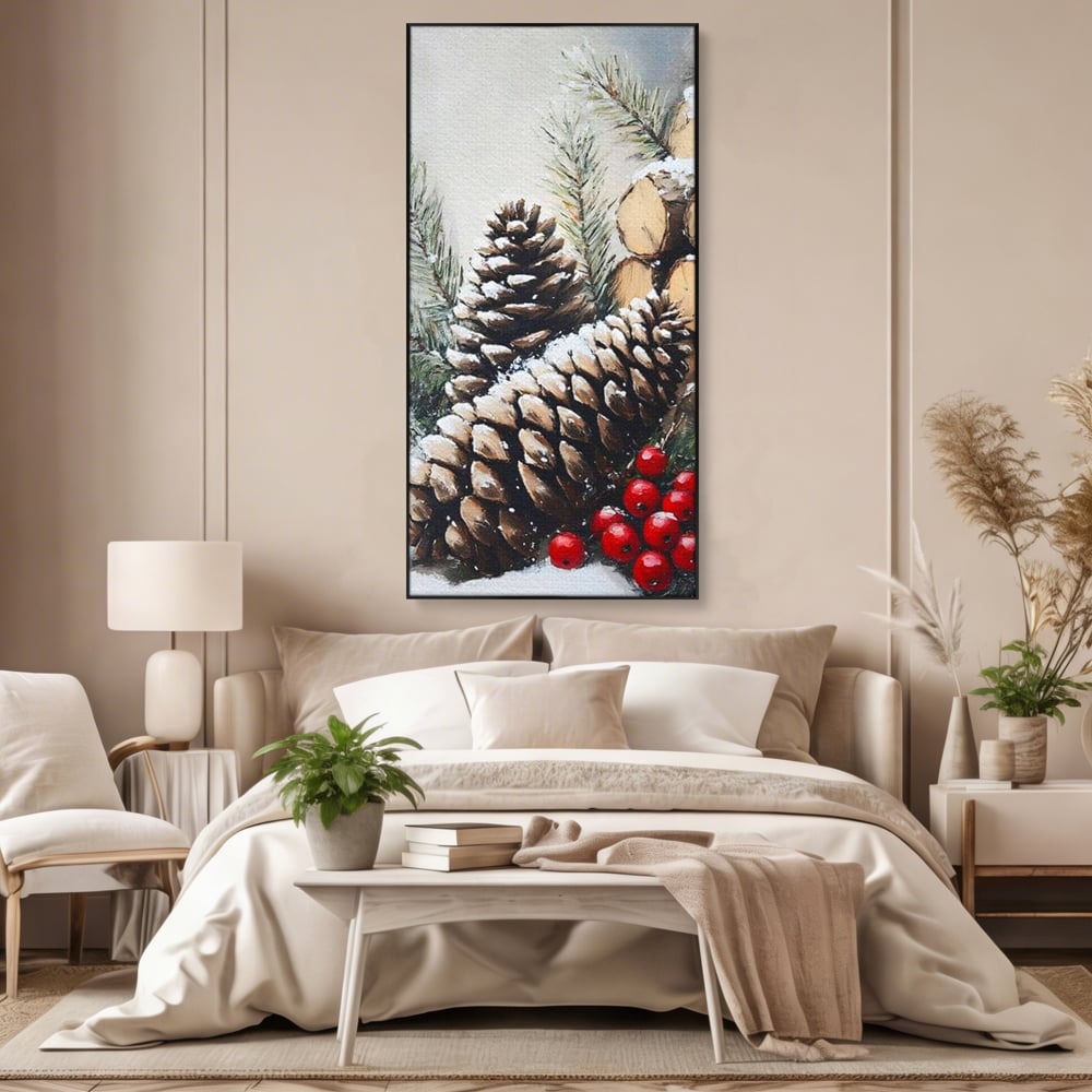 Tablou Canvas Premium, LuxCanva® D1066, Culorile Craciunului, Con, Brad, Bobite, Rosu, Verde, Zapada, Lemn, Crengute, Natura, Rustic, Padure, Craciun, Gheata, Bucurie, Camera Copil, Living, Dormitor