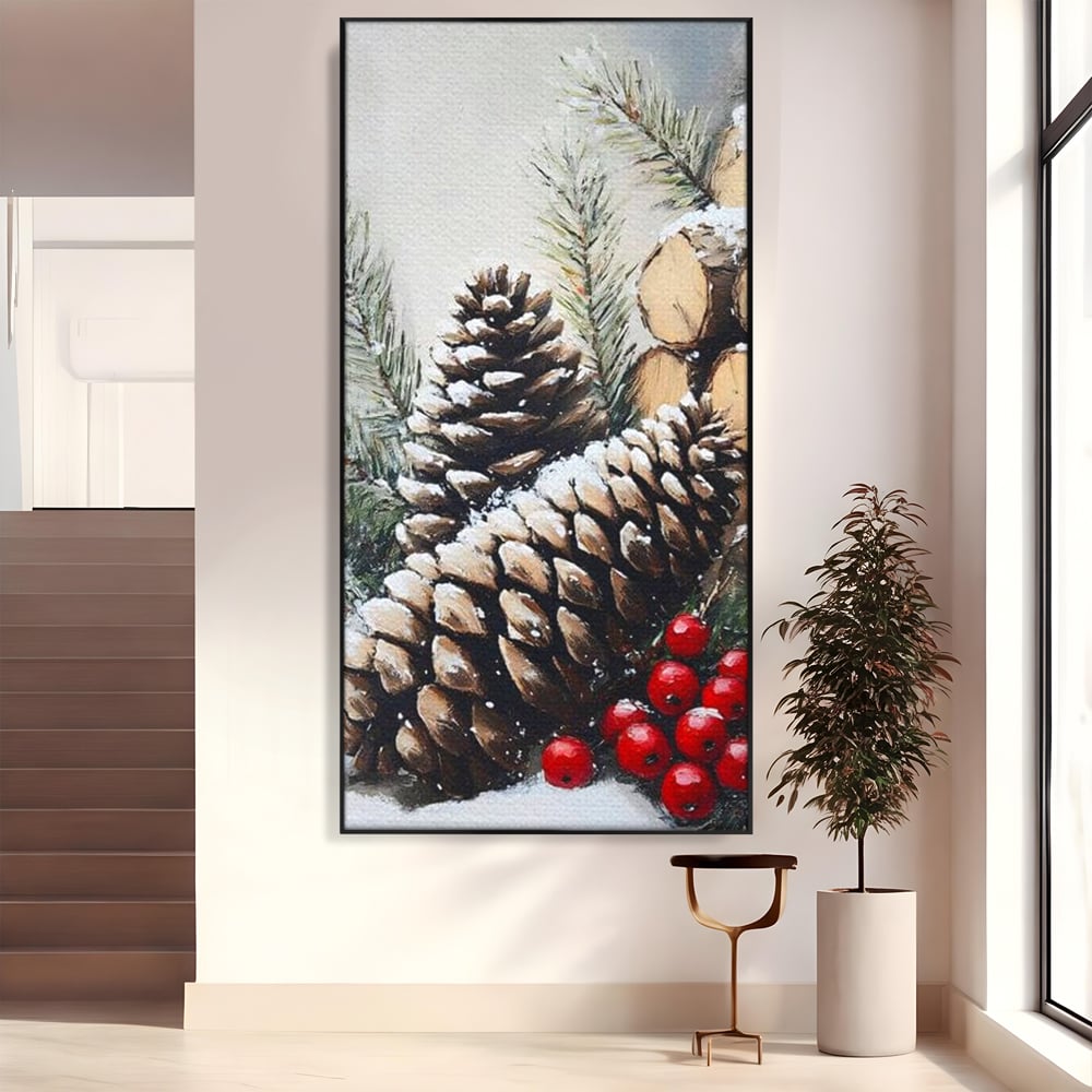 Tablou Canvas Premium, LuxCanva® D1066, Culorile Craciunului, Con, Brad, Bobite, Rosu, Verde, Zapada, Lemn, Crengute, Natura, Rustic, Padure, Craciun, Gheata, Bucurie, Camera Copil, Living, Dormitor