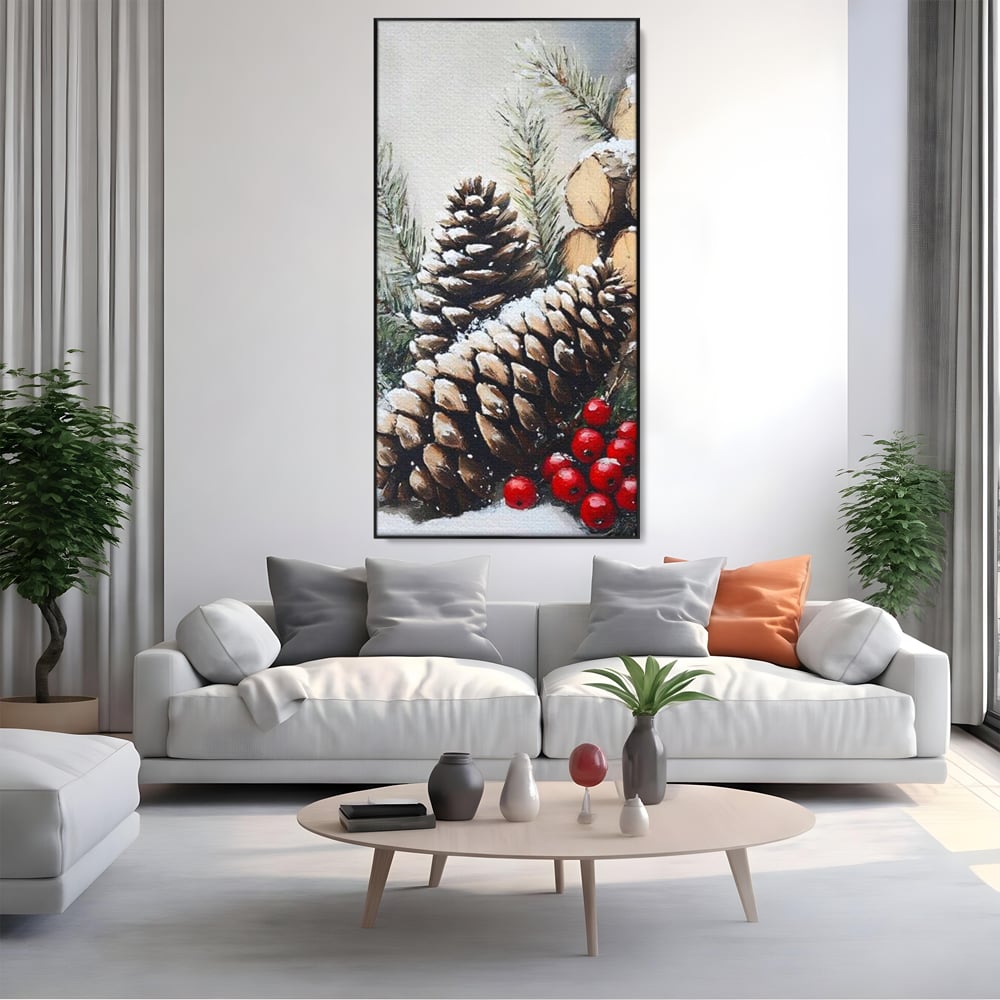 Tablou Canvas Premium, LuxCanva® D1066, Culorile Craciunului, Con, Brad, Bobite, Rosu, Verde, Zapada, Lemn, Crengute, Natura, Rustic, Padure, Craciun, Gheata, Bucurie, Camera Copil, Living, Dormitor