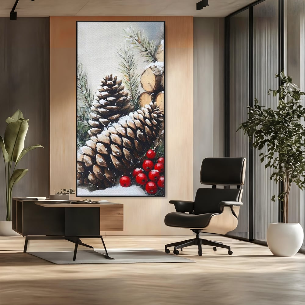 Tablou Canvas Premium, LuxCanva® D1066, Culorile Craciunului, Con, Brad, Bobite, Rosu, Verde, Zapada, Lemn, Crengute, Natura, Rustic, Padure, Craciun, Gheata, Bucurie, Camera Copil, Living, Dormitor