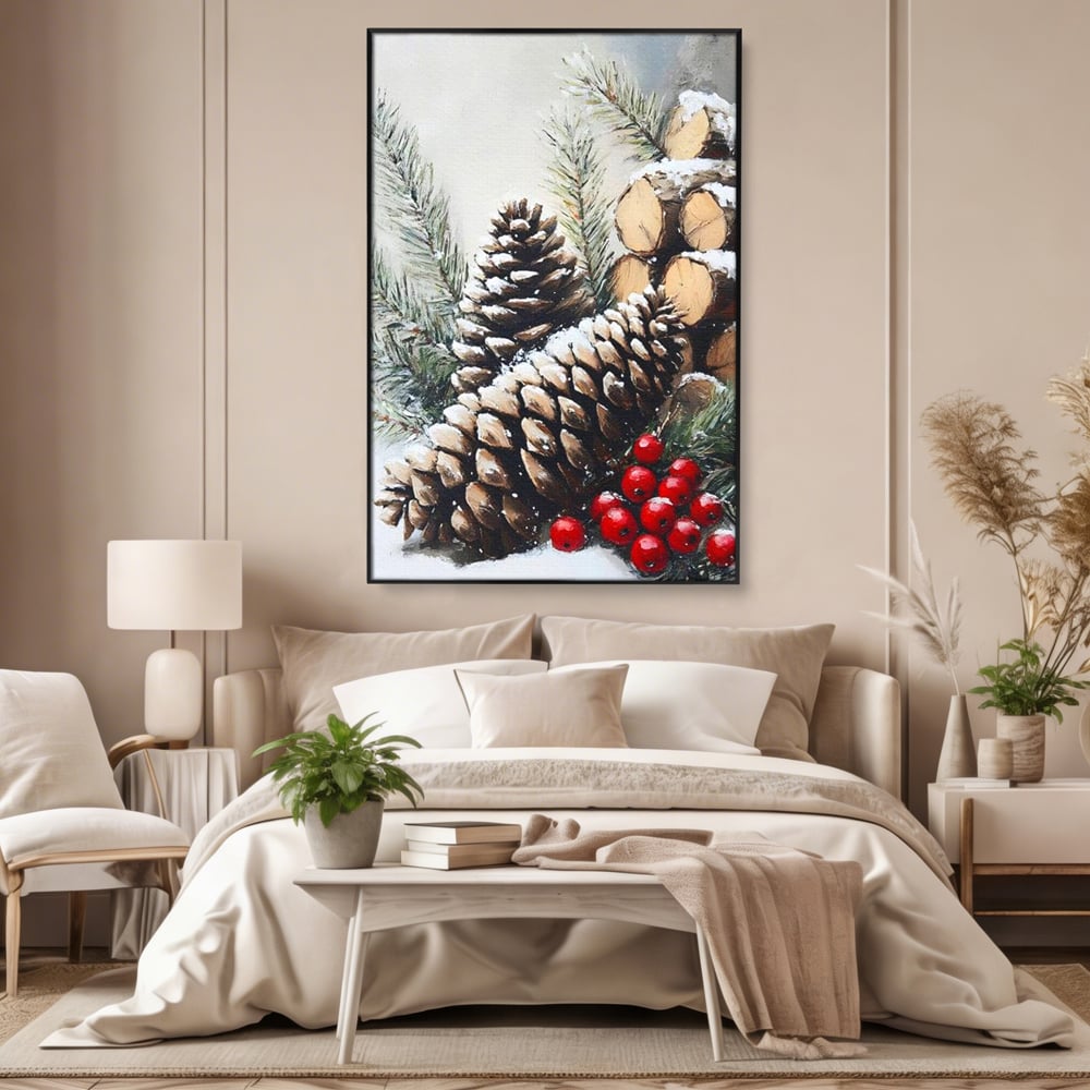Tablou Canvas Premium, LuxCanva® D1066, Culorile Craciunului, Con, Brad, Bobite, Rosu, Verde, Zapada, Lemn, Crengute, Natura, Rustic, Padure, Craciun, Gheata, Bucurie, Camera Copil, Living, Dormitor