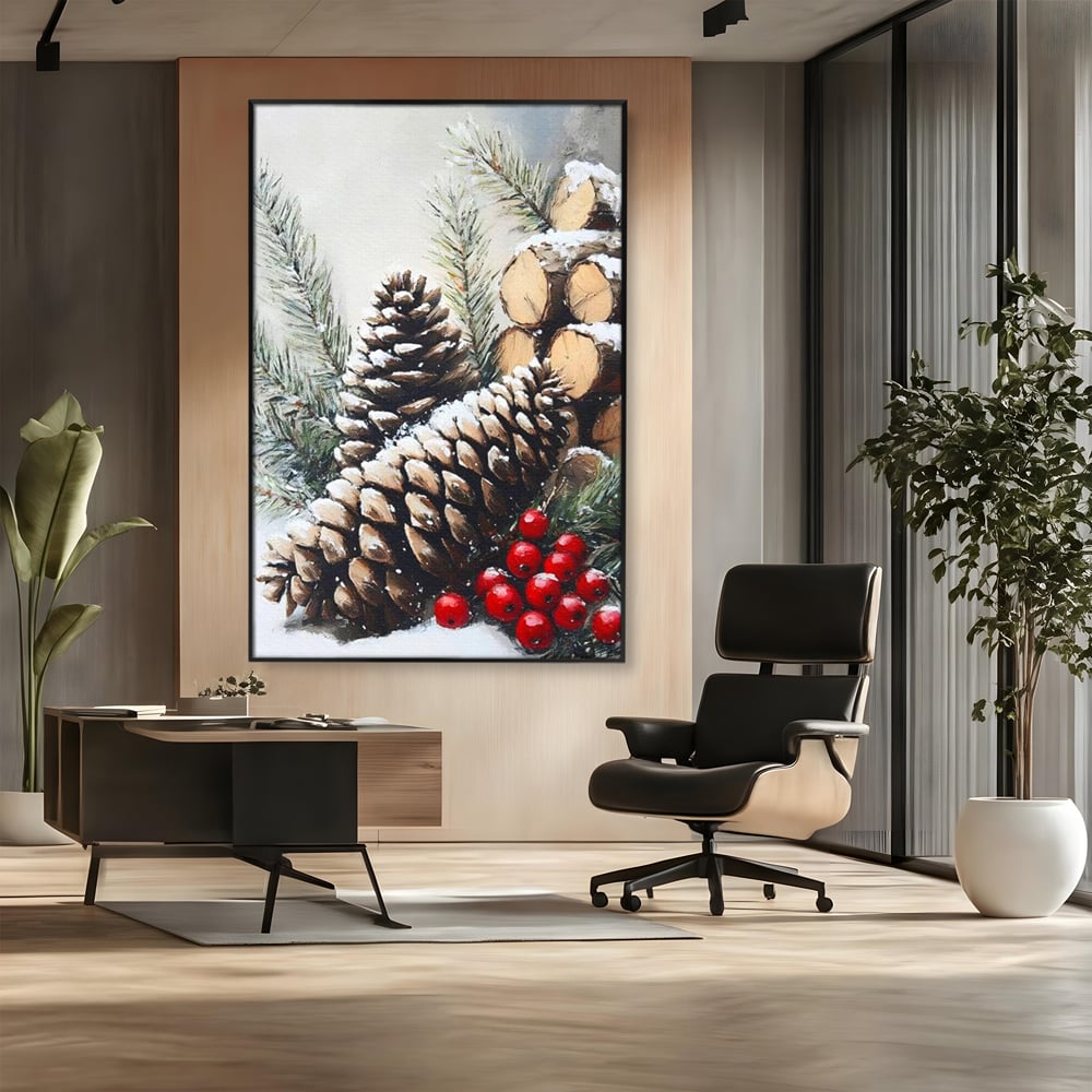 Tablou Canvas Premium, LuxCanva® D1066, Culorile Craciunului, Con, Brad, Bobite, Rosu, Verde, Zapada, Lemn, Crengute, Natura, Rustic, Padure, Craciun, Gheata, Bucurie, Camera Copil, Living, Dormitor