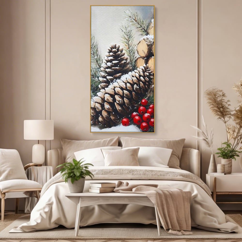 Tablou Canvas Premium, LuxCanva® D1066, Culorile Craciunului, Con, Brad, Bobite, Rosu, Verde, Zapada, Lemn, Crengute, Natura, Rustic, Padure, Craciun, Gheata, Bucurie, Camera Copil, Living, Dormitor