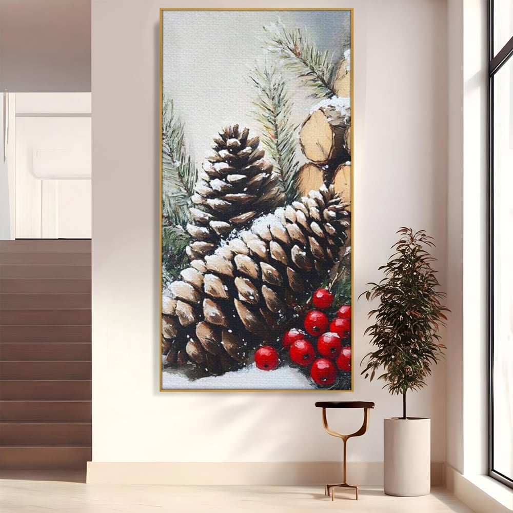 Tablou Canvas Premium, LuxCanva® D1066, Culorile Craciunului, Con, Brad, Bobite, Rosu, Verde, Zapada, Lemn, Crengute, Natura, Rustic, Padure, Craciun, Gheata, Bucurie, Camera Copil, Living, Dormitor