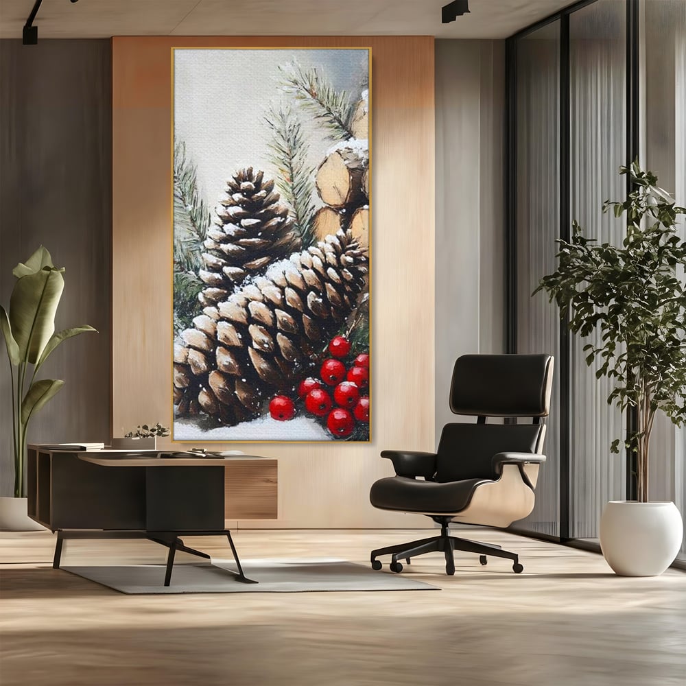 Tablou Canvas Premium, LuxCanva® D1066, Culorile Craciunului, Con, Brad, Bobite, Rosu, Verde, Zapada, Lemn, Crengute, Natura, Rustic, Padure, Craciun, Gheata, Bucurie, Camera Copil, Living, Dormitor