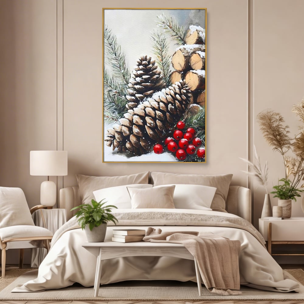 Tablou Canvas Premium, LuxCanva® D1066, Culorile Craciunului, Con, Brad, Bobite, Rosu, Verde, Zapada, Lemn, Crengute, Natura, Rustic, Padure, Craciun, Gheata, Bucurie, Camera Copil, Living, Dormitor