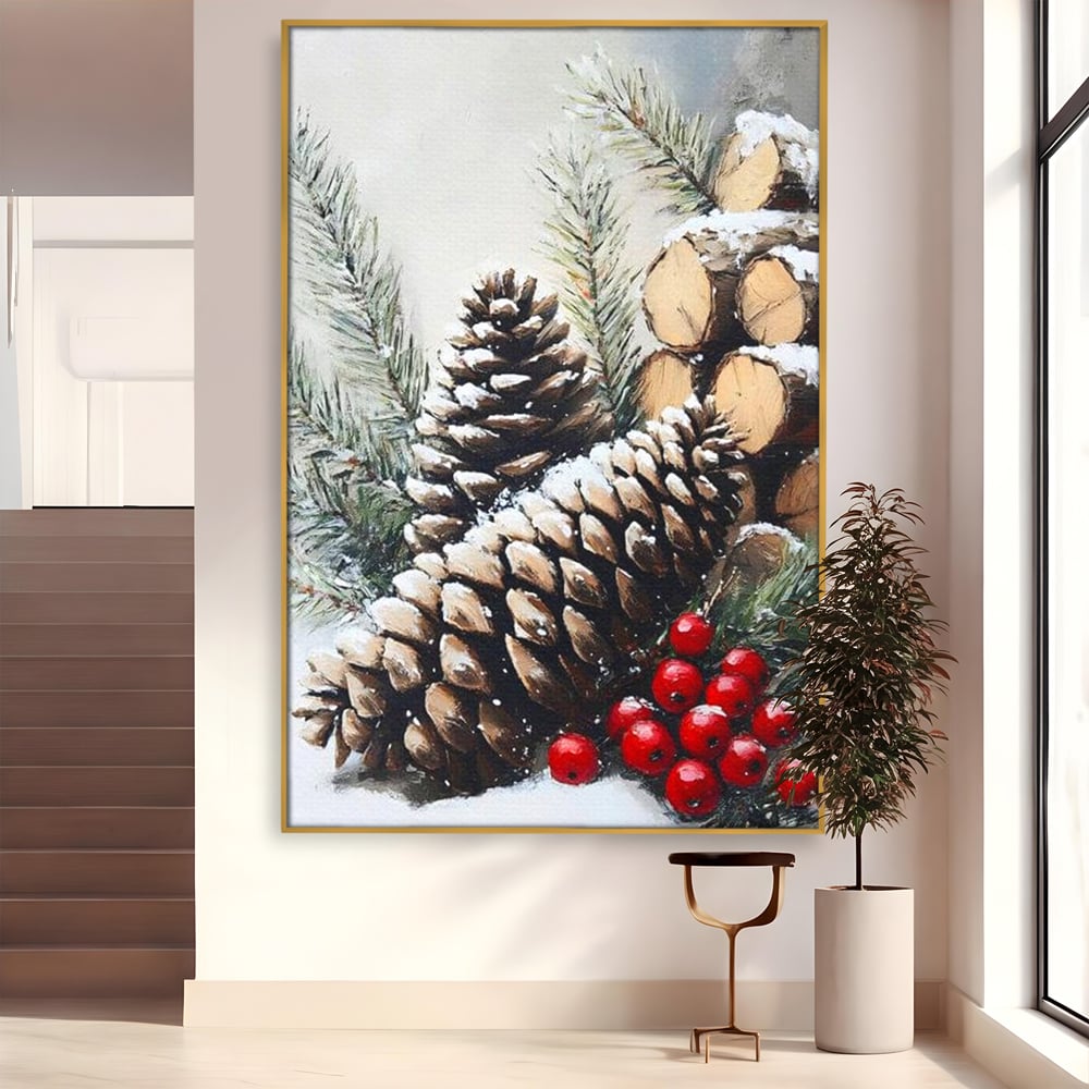 Tablou Canvas Premium, LuxCanva® D1066, Culorile Craciunului, Con, Brad, Bobite, Rosu, Verde, Zapada, Lemn, Crengute, Natura, Rustic, Padure, Craciun, Gheata, Bucurie, Camera Copil, Living, Dormitor