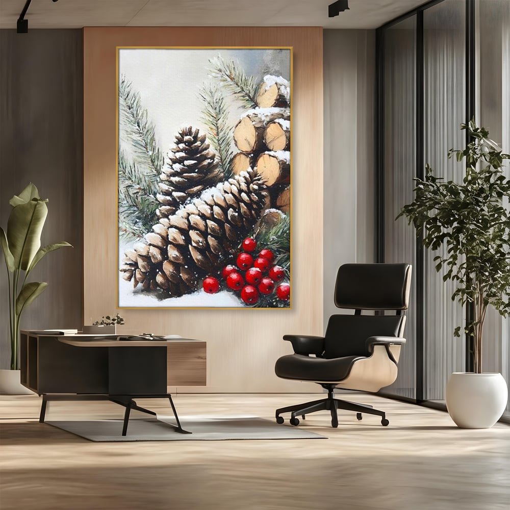 Tablou Canvas Premium, LuxCanva® D1066, Culorile Craciunului, Con, Brad, Bobite, Rosu, Verde, Zapada, Lemn, Crengute, Natura, Rustic, Padure, Craciun, Gheata, Bucurie, Camera Copil, Living, Dormitor