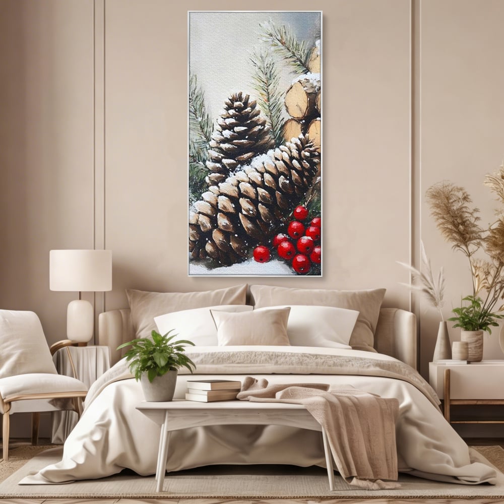 Tablou Canvas Premium, LuxCanva® D1066, Culorile Craciunului, Con, Brad, Bobite, Rosu, Verde, Zapada, Lemn, Crengute, Natura, Rustic, Padure, Craciun, Gheata, Bucurie, Camera Copil, Living, Dormitor