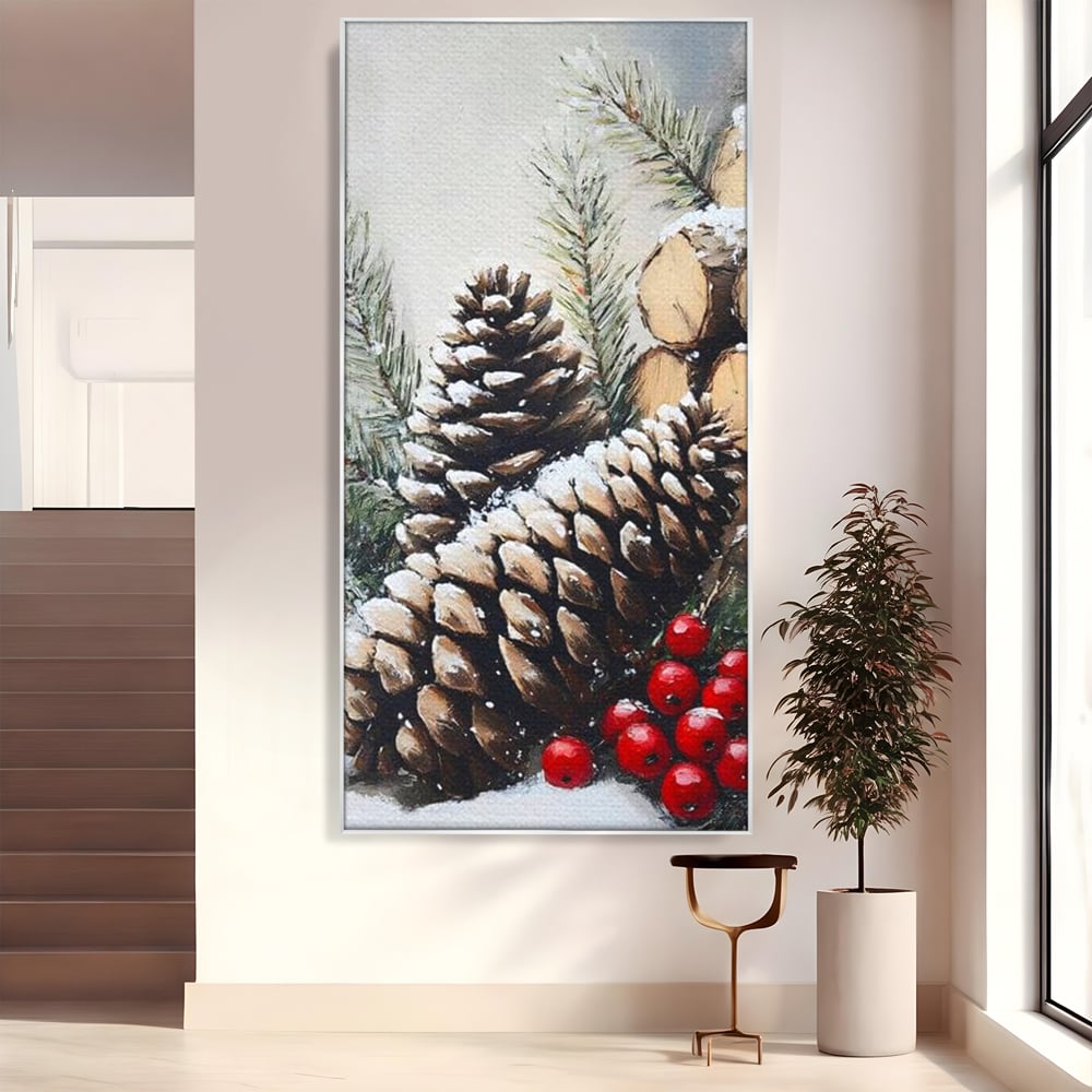 Tablou Canvas Premium, LuxCanva® D1066, Culorile Craciunului, Con, Brad, Bobite, Rosu, Verde, Zapada, Lemn, Crengute, Natura, Rustic, Padure, Craciun, Gheata, Bucurie, Camera Copil, Living, Dormitor