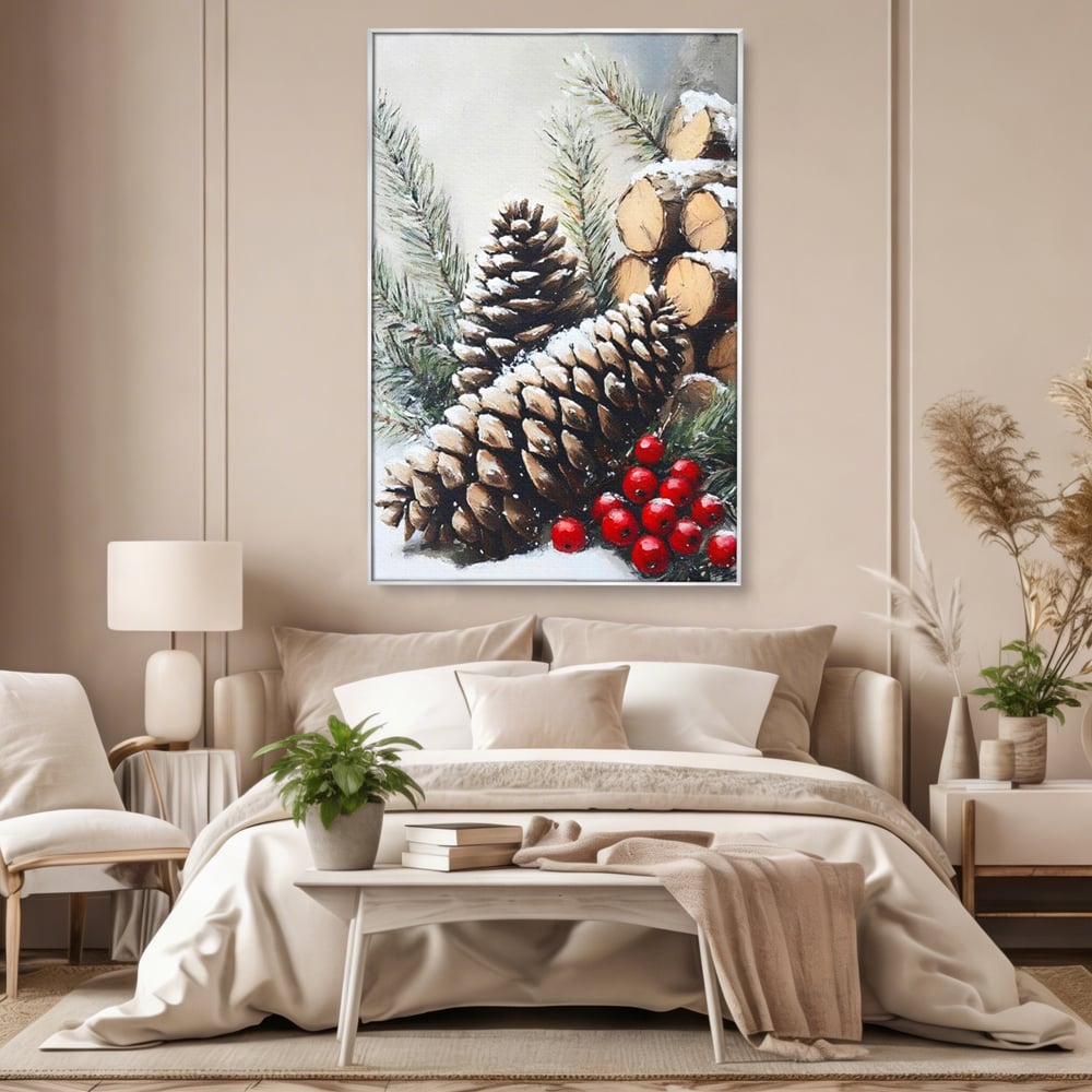 Tablou Canvas Premium, LuxCanva® D1066, Culorile Craciunului, Con, Brad, Bobite, Rosu, Verde, Zapada, Lemn, Crengute, Natura, Rustic, Padure, Craciun, Gheata, Bucurie, Camera Copil, Living, Dormitor