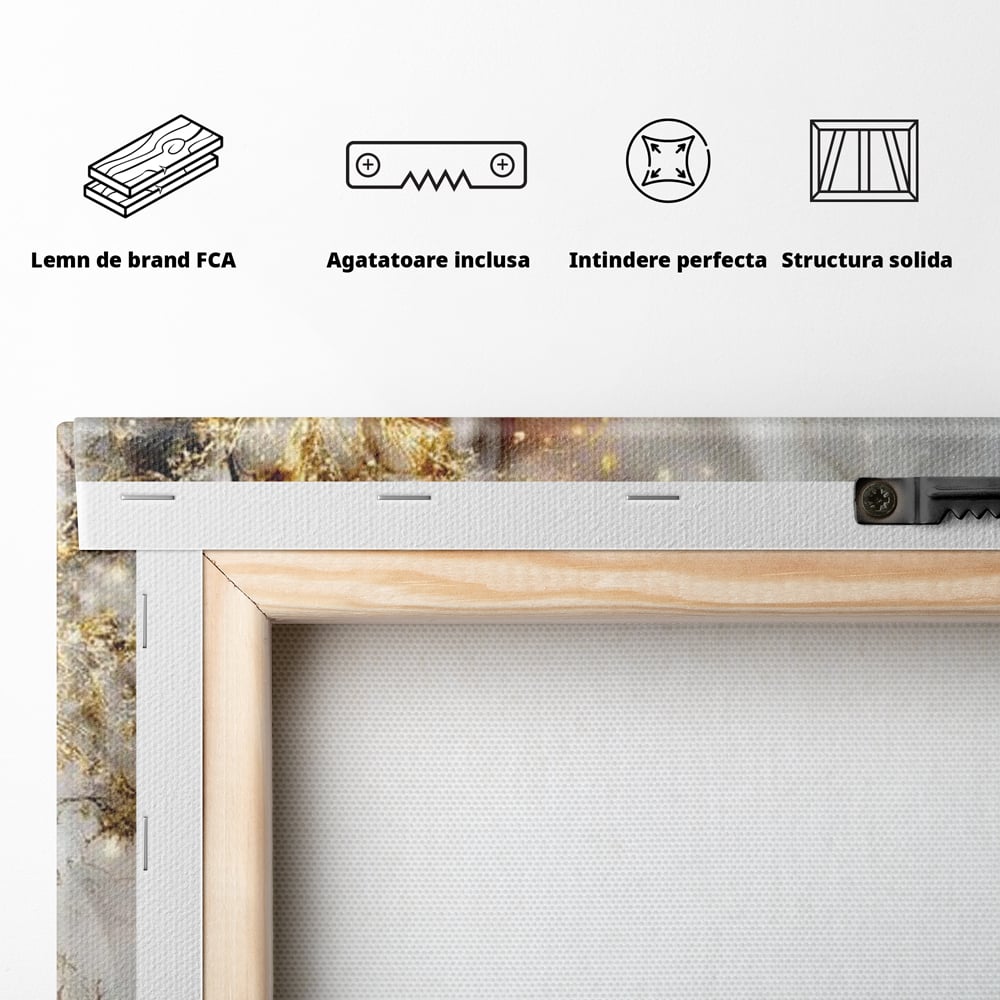 Tablou Canvas Premium, LuxCanva® D1067, Sclipire Inghetata, Aur, Iarna, Fragilitate, Fulgi, Lumina, Cristal,Dans, Alb, Eleganta, Rafinament, Frumusete, Abstracta, Stralucire, Camera Copil, Living, Dormitor