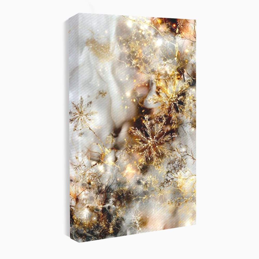 Tablou Canvas Premium, LuxCanva® D1067, Sclipire Inghetata, Aur, Iarna, Fragilitate, Fulgi, Lumina, Cristal,Dans, Alb, Eleganta, Rafinament, Frumusete, Abstracta, Stralucire, Camera Copil, Living, Dormitor