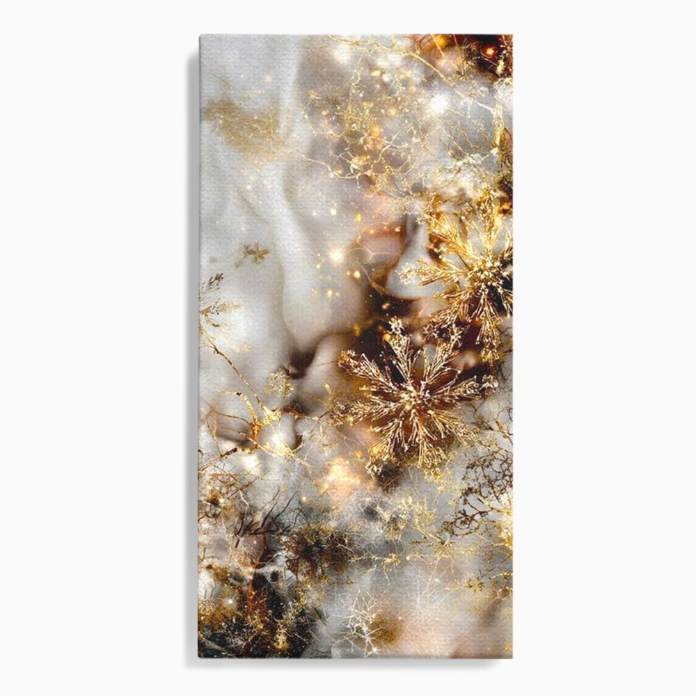 Tablou Canvas Premium, LuxCanva® D1067, Sclipire Inghetata, Aur, Iarna, Fragilitate, Fulgi, Lumina, Cristal,Dans, Alb, Eleganta, Rafinament, Frumusete, Abstracta, Stralucire, Camera Copil, Living, Dormitor