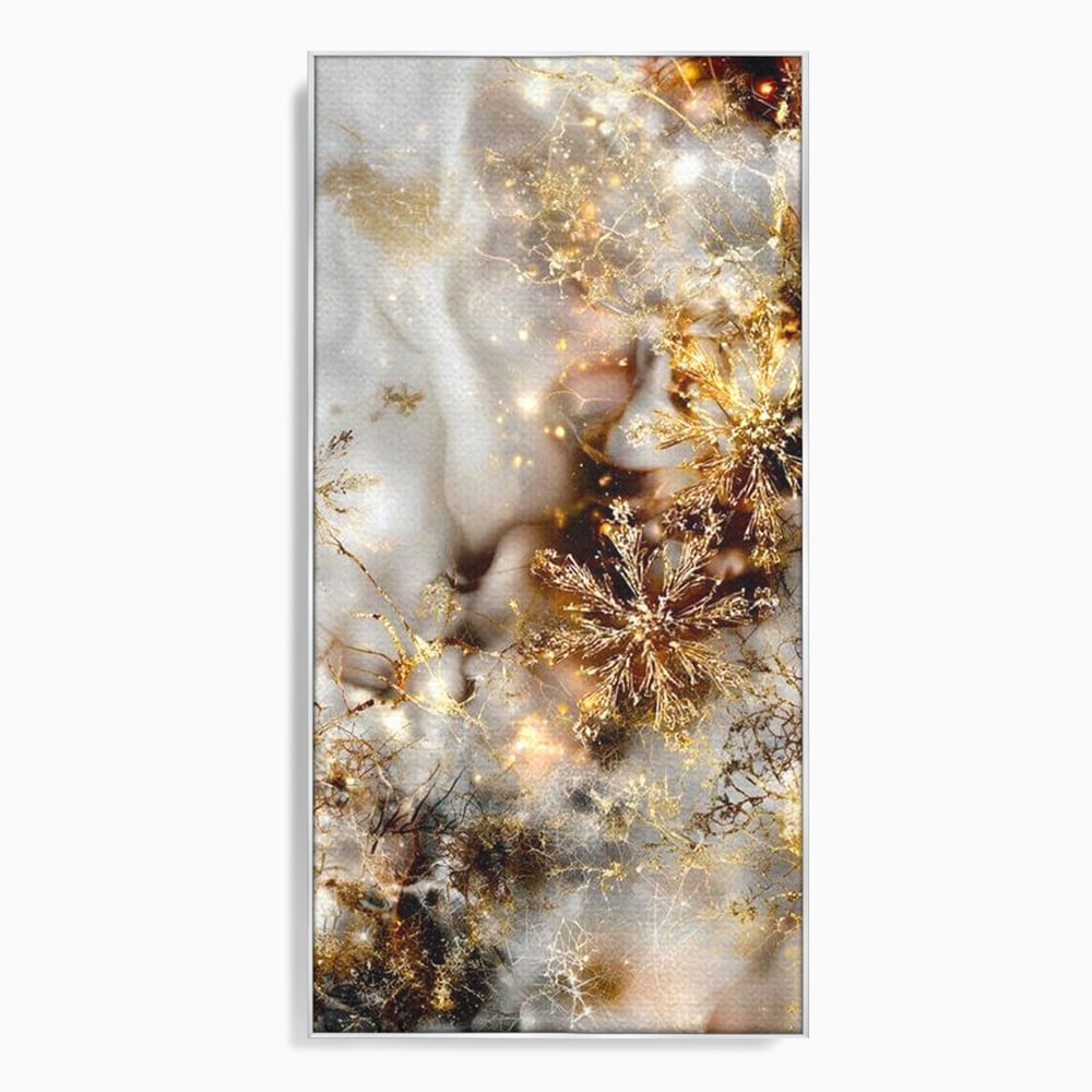 Tablou Canvas Premium, LuxCanva® D1067, Sclipire Inghetata, Aur, Iarna, Fragilitate, Fulgi, Lumina, Cristal,Dans, Alb, Eleganta, Rafinament, Frumusete, Abstracta, Stralucire, Camera Copil, Living, Dormitor
